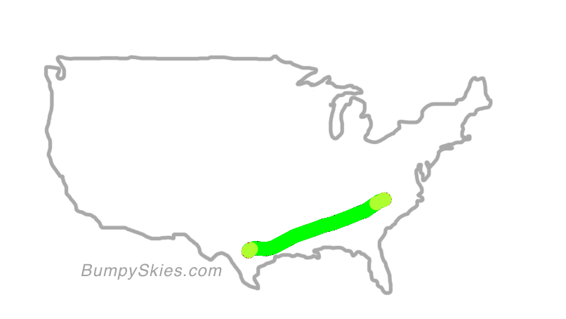 Map of continental US with illustrated flight path and turbulence forecast (described in text below)