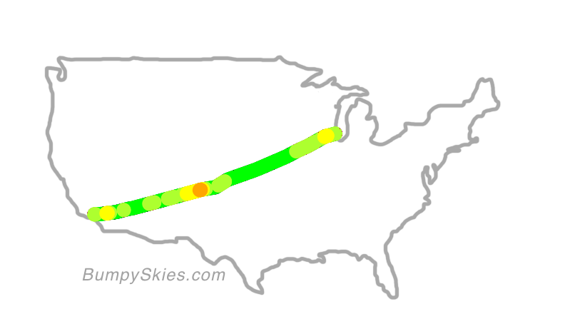 Map of continental US with illustrated flight path and turbulence forecast (described in text below)