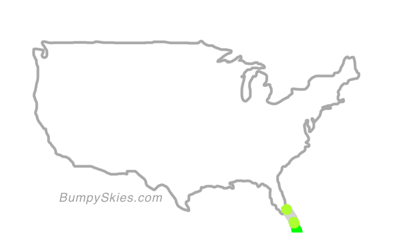 Map of continental US with illustrated flight path and turbulence forecast (described in text below)