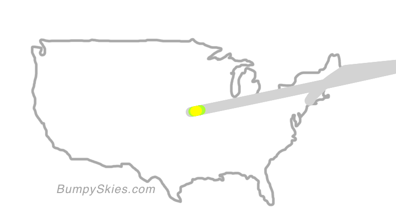Map of continental US with illustrated flight path and turbulence forecast (described in text below)
