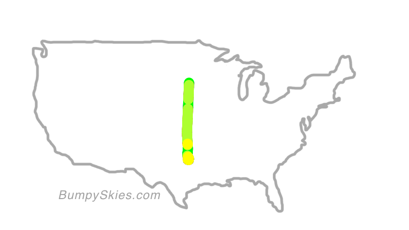 Map of continental US with illustrated flight path and turbulence forecast (described in text below)