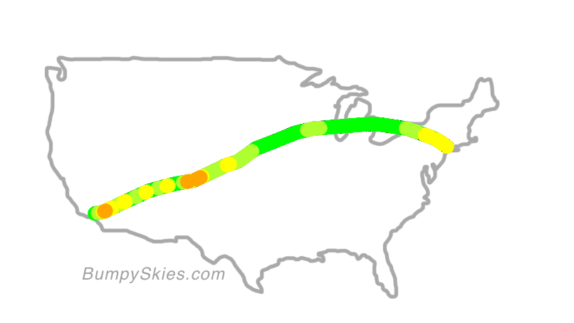 Map of continental US with illustrated flight path and turbulence forecast (described in text below)