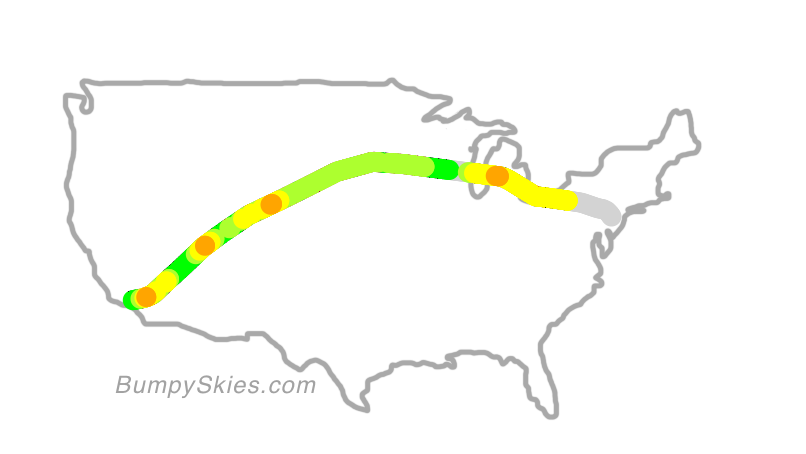Map of continental US with illustrated flight path and turbulence forecast (described in text below)