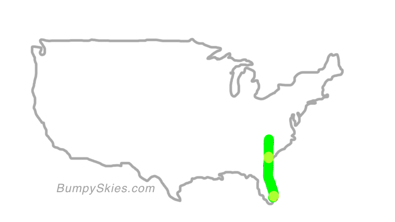 Map of continental US with illustrated flight path and turbulence forecast (described in text below)