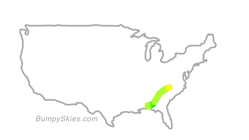 Map of continental US with illustrated flight path and turbulence forecast (described in text below)