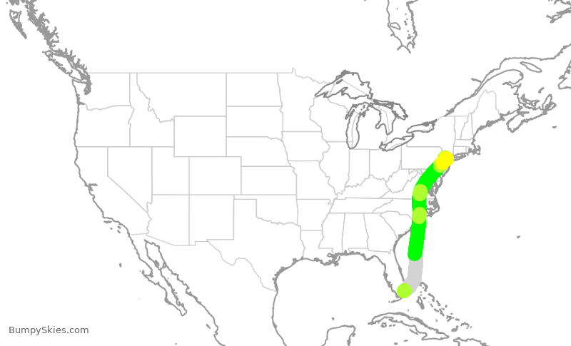 Turbulence forecast map for AAL2008, MIA to EWR