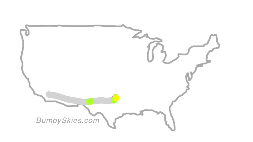 Map of continental US with illustrated flight path and turbulence forecast (described in text below)