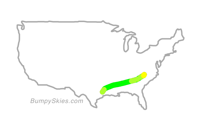 Map of continental US with illustrated flight path and turbulence forecast (described in text below)