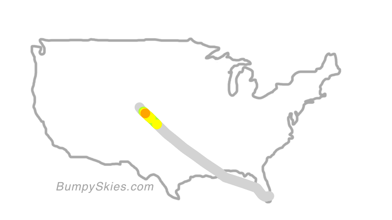 Map of continental US with illustrated flight path and turbulence forecast (described in text below)