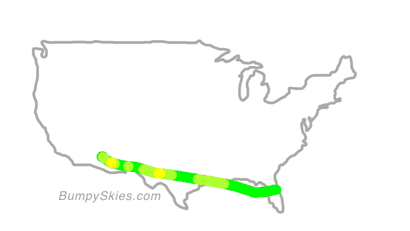 Map of continental US with illustrated flight path and turbulence forecast (described in text below)