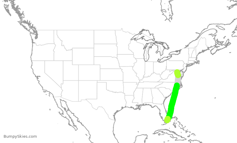 Map of continental US with illustrated flight path and turbulence forecast (described in text below)