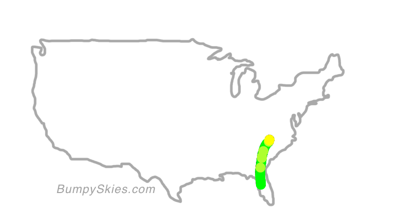 Map of continental US with illustrated flight path and turbulence forecast (described in text below)