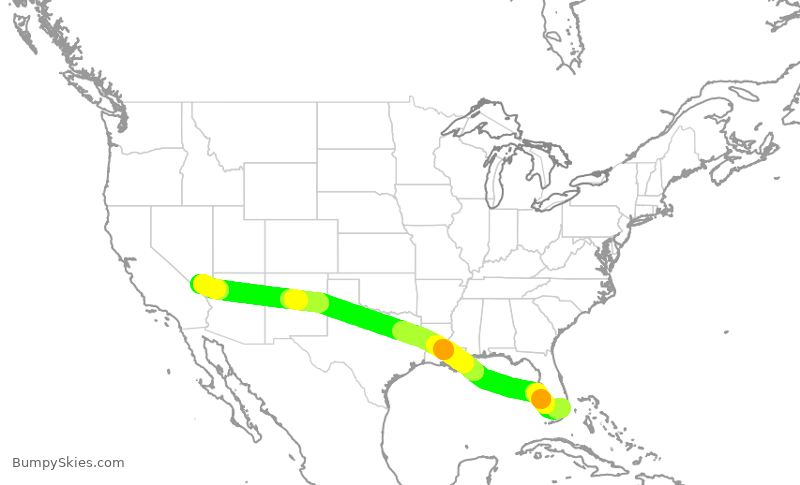 Turbulence forecast map for AAL2025, MIA to LAS