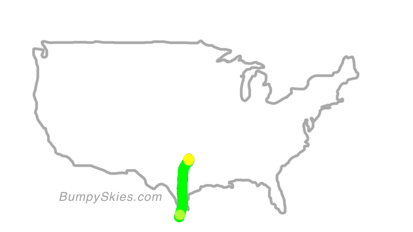 Map of continental US with illustrated flight path and turbulence forecast (described in text below)