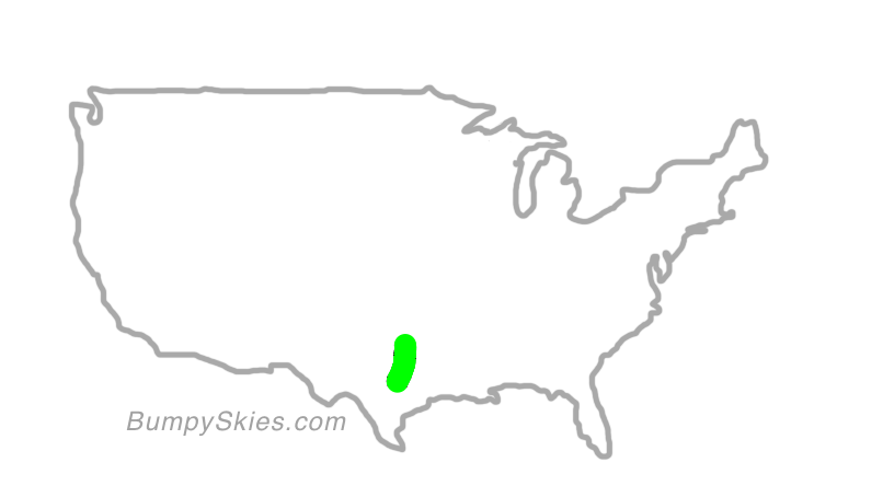 Map of continental US with illustrated flight path and turbulence forecast (described in text below)
