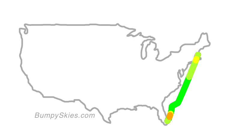 Map of continental US with illustrated flight path and turbulence forecast (described in text below)