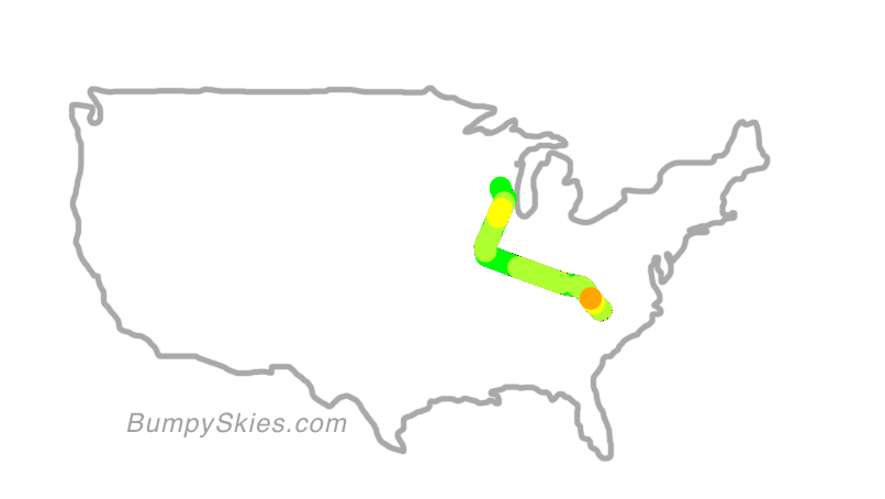 Map of continental US with illustrated flight path and turbulence forecast (described in text below)