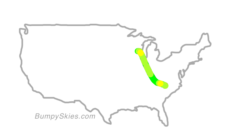 Map of continental US with illustrated flight path and turbulence forecast (described in text below)