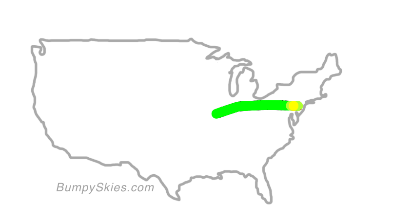 Map of continental US with illustrated flight path and turbulence forecast (described in text below)