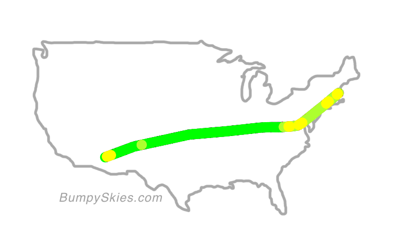 Map of continental US with illustrated flight path and turbulence forecast (described in text below)