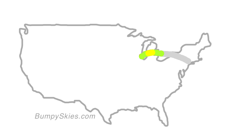 Map of continental US with illustrated flight path and turbulence forecast (described in text below)