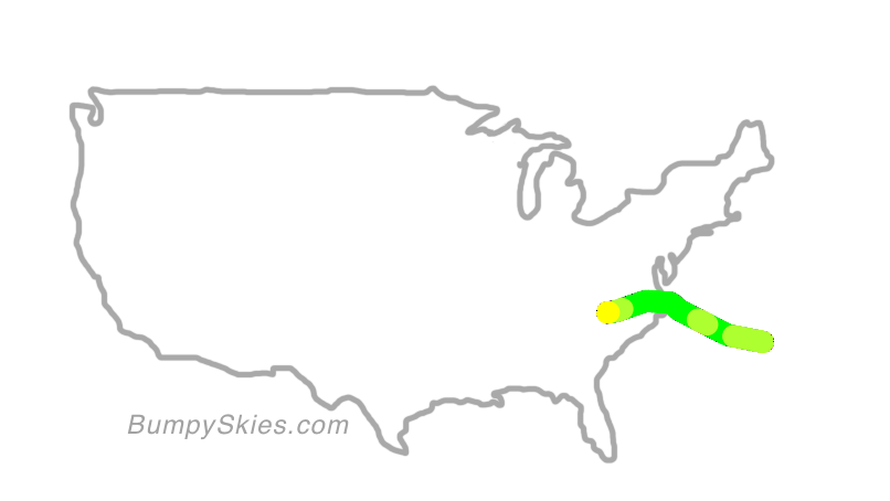 Map of continental US with illustrated flight path and turbulence forecast (described in text below)