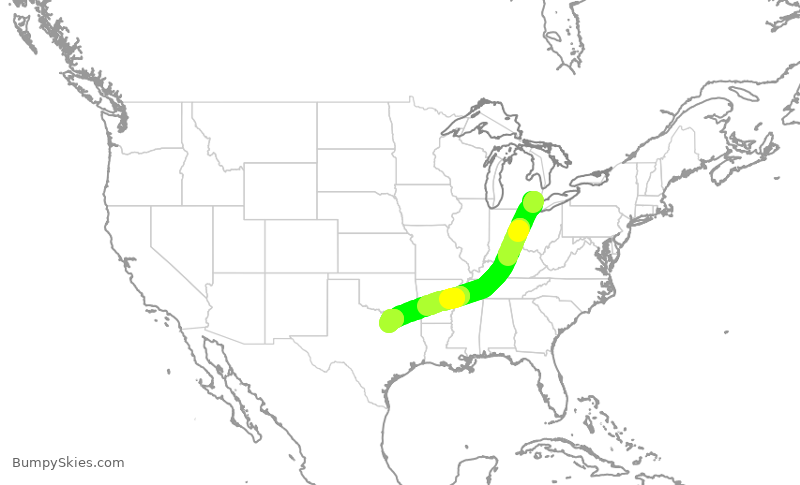 Turbulence forecast map for AAL2045, DTW to DFW