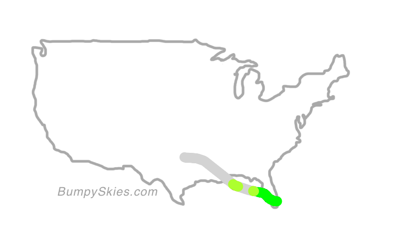 Map of continental US with illustrated flight path and turbulence forecast (described in text below)