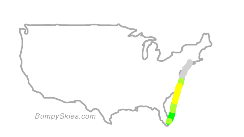 Map of continental US with illustrated flight path and turbulence forecast (described in text below)