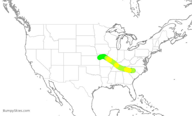 Turbulence forecast map for AAL2052, CLT to MCI