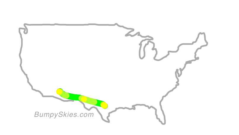 Map of continental US with illustrated flight path and turbulence forecast (described in text below)