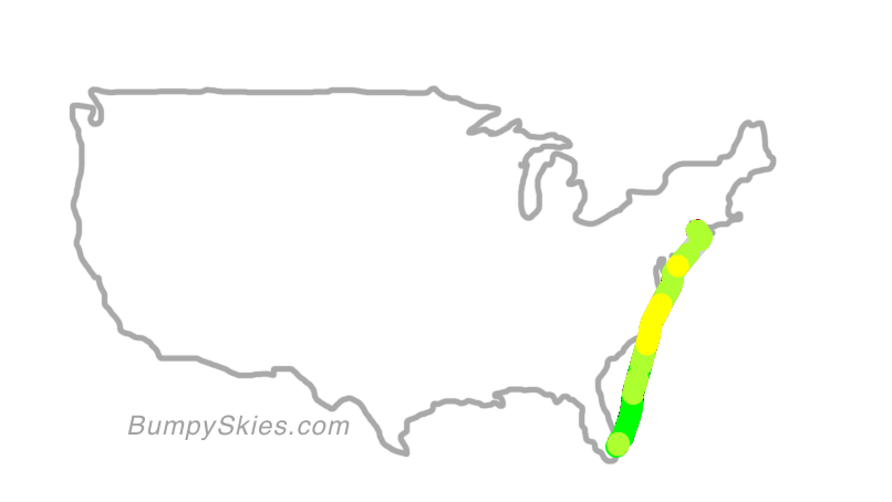 Map of continental US with illustrated flight path and turbulence forecast (described in text below)