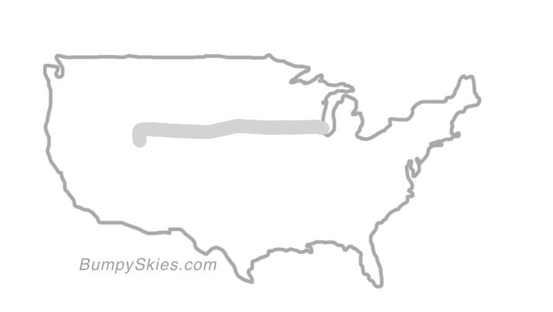 Map of continental US with illustrated flight path and turbulence forecast (described in text below)