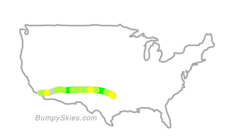 Map of continental US with illustrated flight path and turbulence forecast (described in text below)