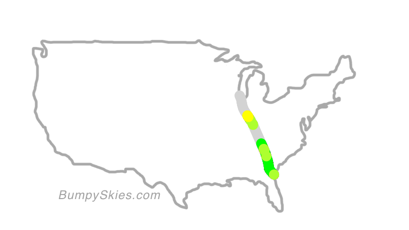 Map of continental US with illustrated flight path and turbulence forecast (described in text below)