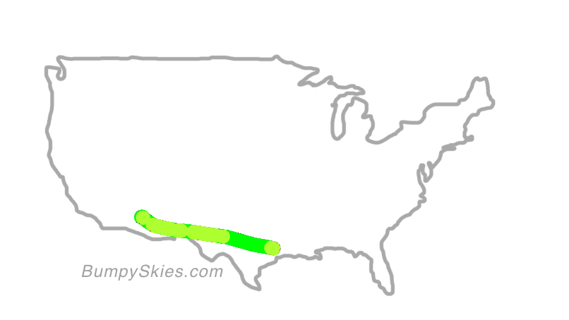 Map of continental US with illustrated flight path and turbulence forecast (described in text below)