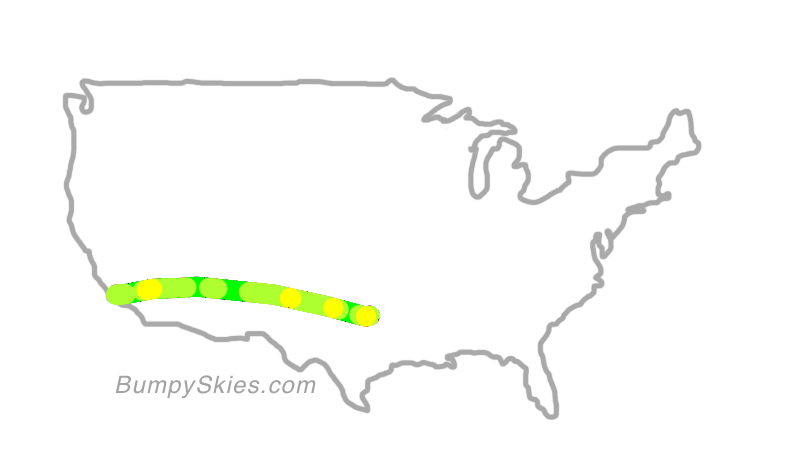 Map of continental US with illustrated flight path and turbulence forecast (described in text below)