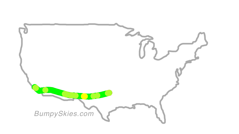 Map of continental US with illustrated flight path and turbulence forecast (described in text below)
