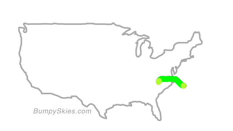 Map of continental US with illustrated flight path and turbulence forecast (described in text below)