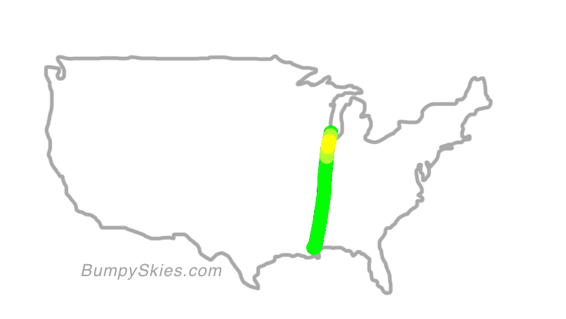 Map of continental US with illustrated flight path and turbulence forecast (described in text below)
