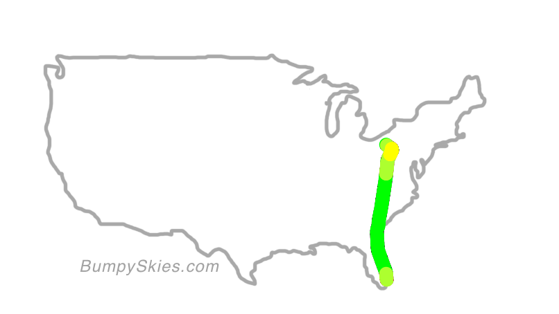 Map of continental US with illustrated flight path and turbulence forecast (described in text below)