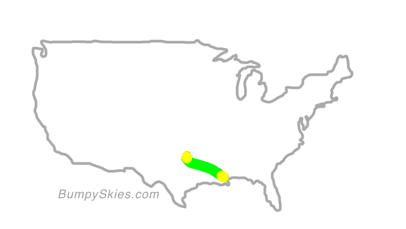 Map of continental US with illustrated flight path and turbulence forecast (described in text below)