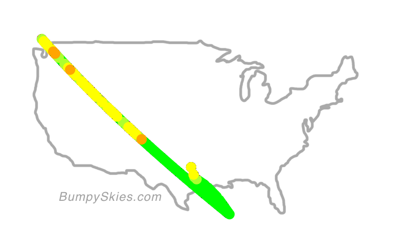 Map of continental US with illustrated flight path and turbulence forecast (described in text below)