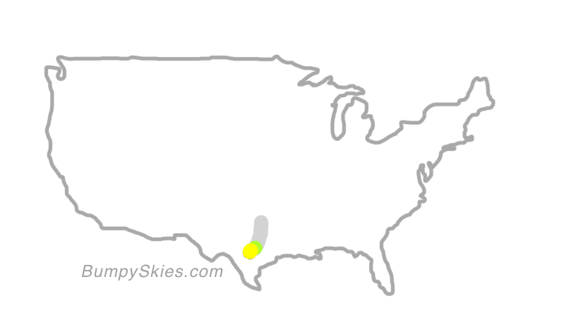 Map of continental US with illustrated flight path and turbulence forecast (described in text below)