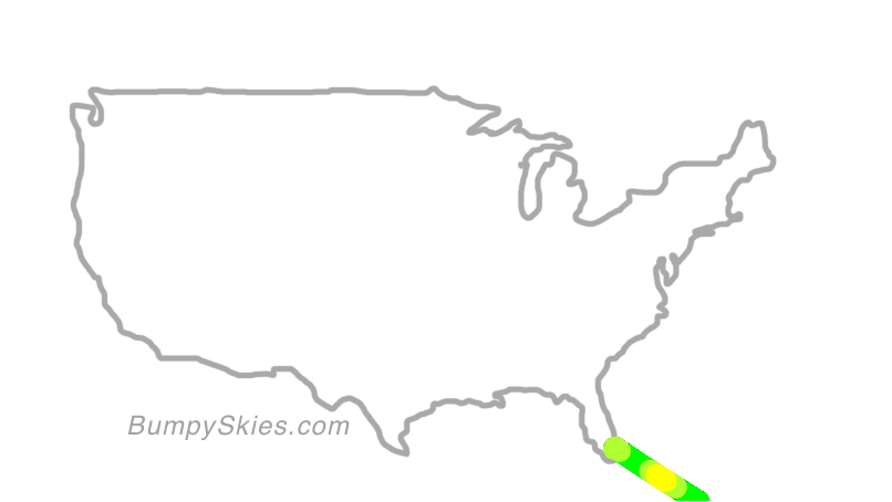 Map of continental US with illustrated flight path and turbulence forecast (described in text below)