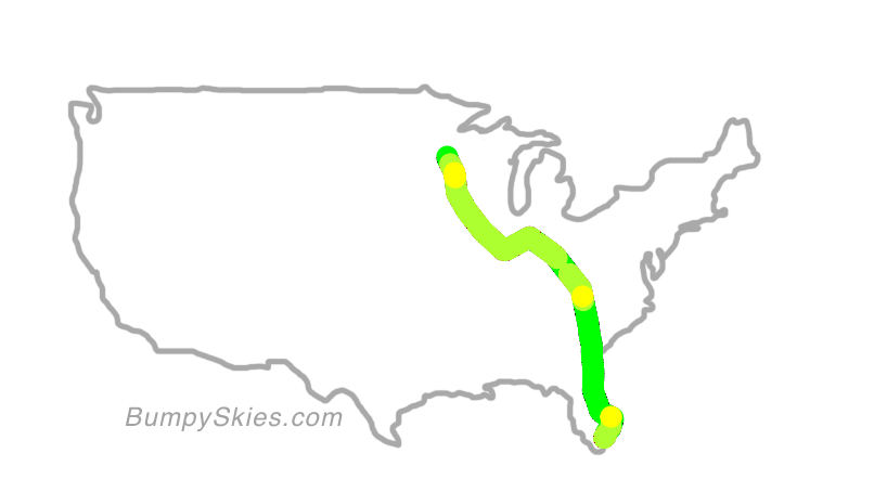 Map of continental US with illustrated flight path and turbulence forecast (described in text below)