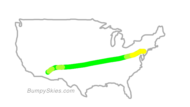 Map of continental US with illustrated flight path and turbulence forecast (described in text below)