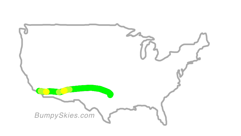 Map of continental US with illustrated flight path and turbulence forecast (described in text below)