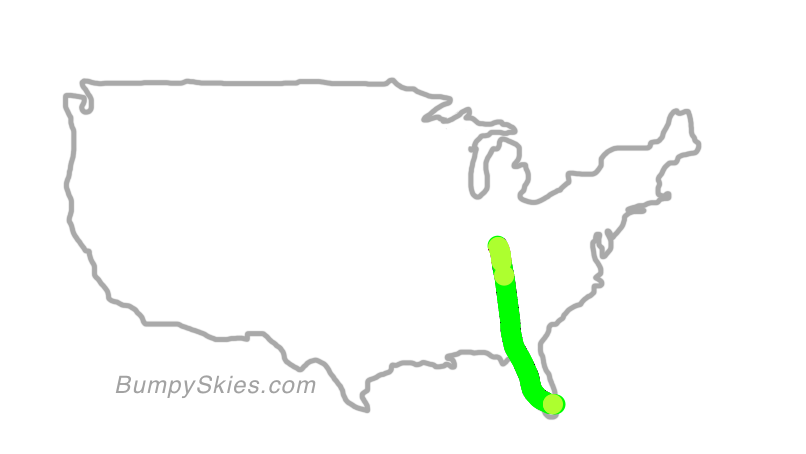 Map of continental US with illustrated flight path and turbulence forecast (described in text below)