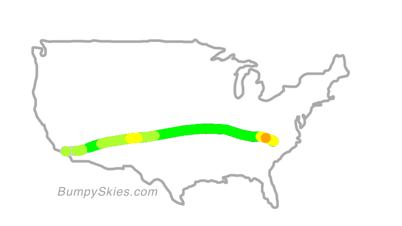 Map of continental US with illustrated flight path and turbulence forecast (described in text below)